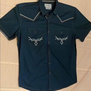 Blue Casual Button Down Shirt with Western Style and Embroidery